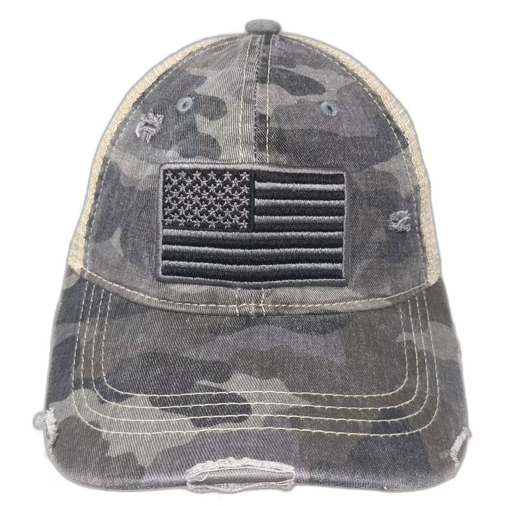 C.C Baseball Cap Gray Beige OS Distressed Camo American Flag Strapback Hat